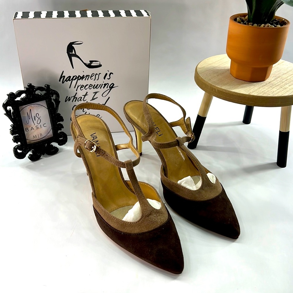 Van Eli Brown and Tan T-Strap Color-Block Suede High Heels, Size 8